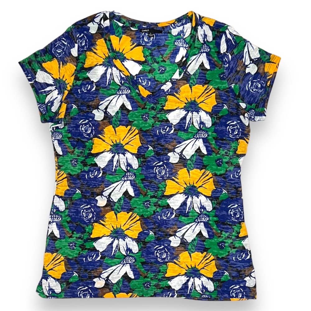 3/$30 Chaus Floral Print Tissue Tee Short Sleeve T-Shirt L/Large Blue Yellow